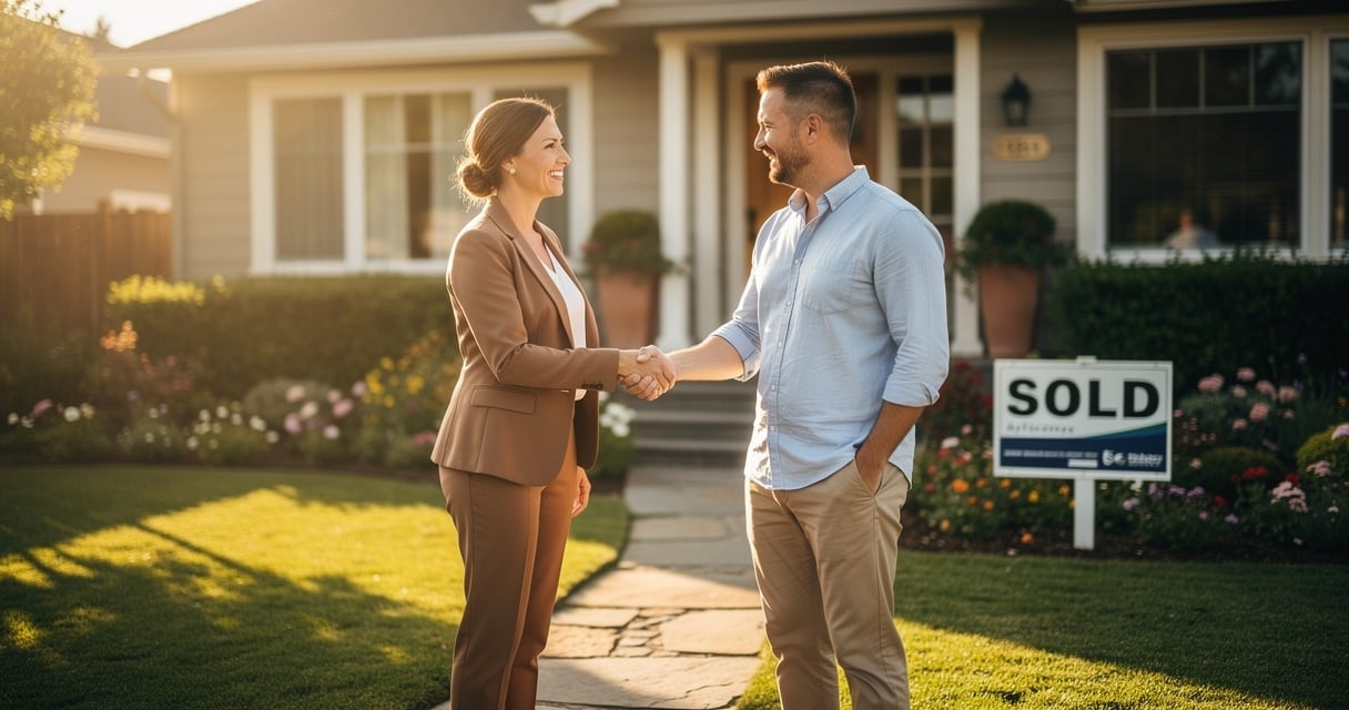 Poignée de main entre acheteur et vendeur devant une maison lors d un achat immobilier entre particuliers