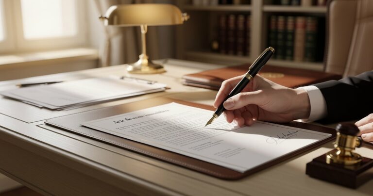 Signature d'un acte notarié de vente immobilière sur le bureau du notaire
