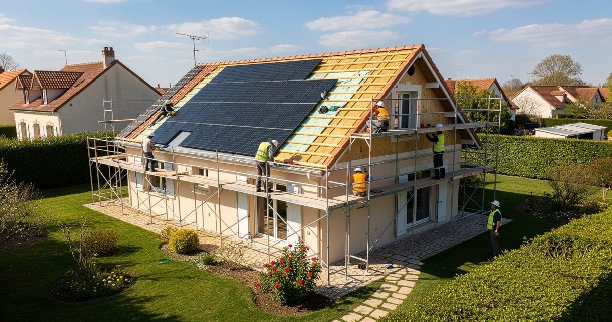 Maison en cours de rénovation énergétique avec isolation et panneaux solaires