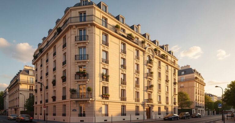 Façade d'immeuble en copropriété avec balcons en fer forgé