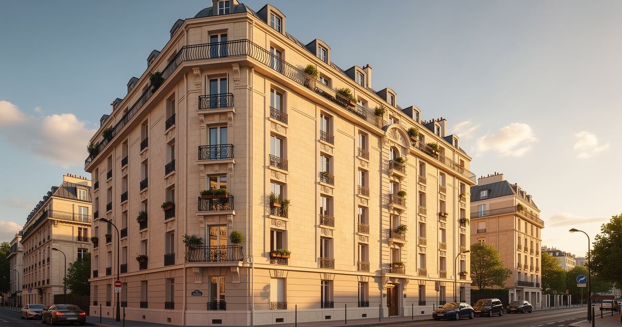Façade d'immeuble en copropriété avec balcons en fer forgé