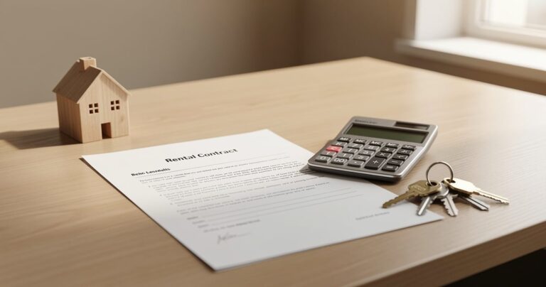 Bureau avec clés, contrat de location et calculatrice symbolisant la gestion d un investissement locatif