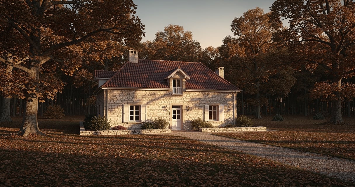 Maison traditionnelle en pierre en lisière de la forêt de Compiègne en automne