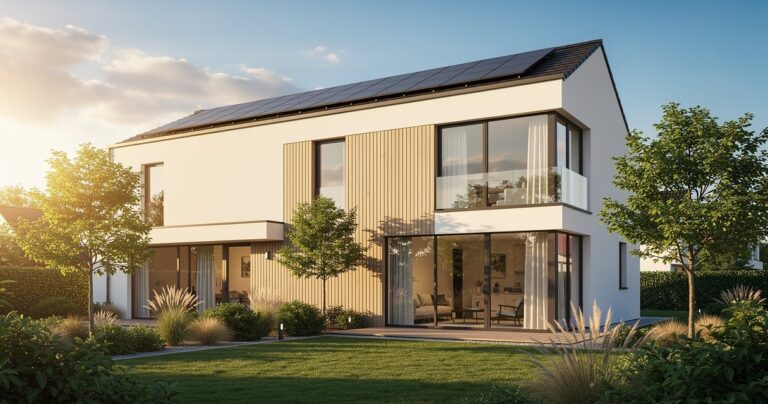 Maison basse consommation moderne avec panneaux solaires et grandes baies vitrées orientées au sud