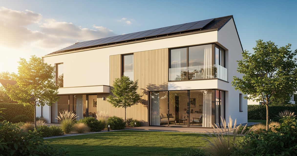 Maison basse consommation moderne avec panneaux solaires et grandes baies vitrées orientées au sud