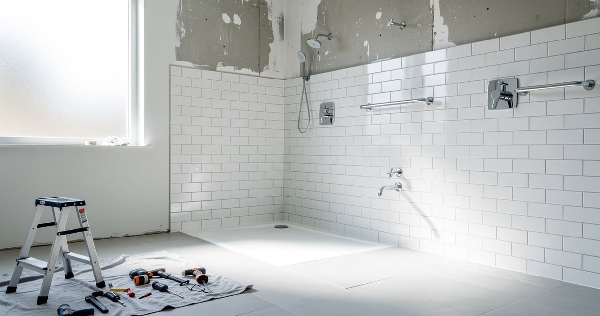 Rénovation de salle de bain moderne avec carrelage métro blanc et robinetterie chromée