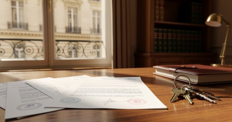 Documents et cles posees sur un bureau de notaire pour la creation d'une SCI familiale