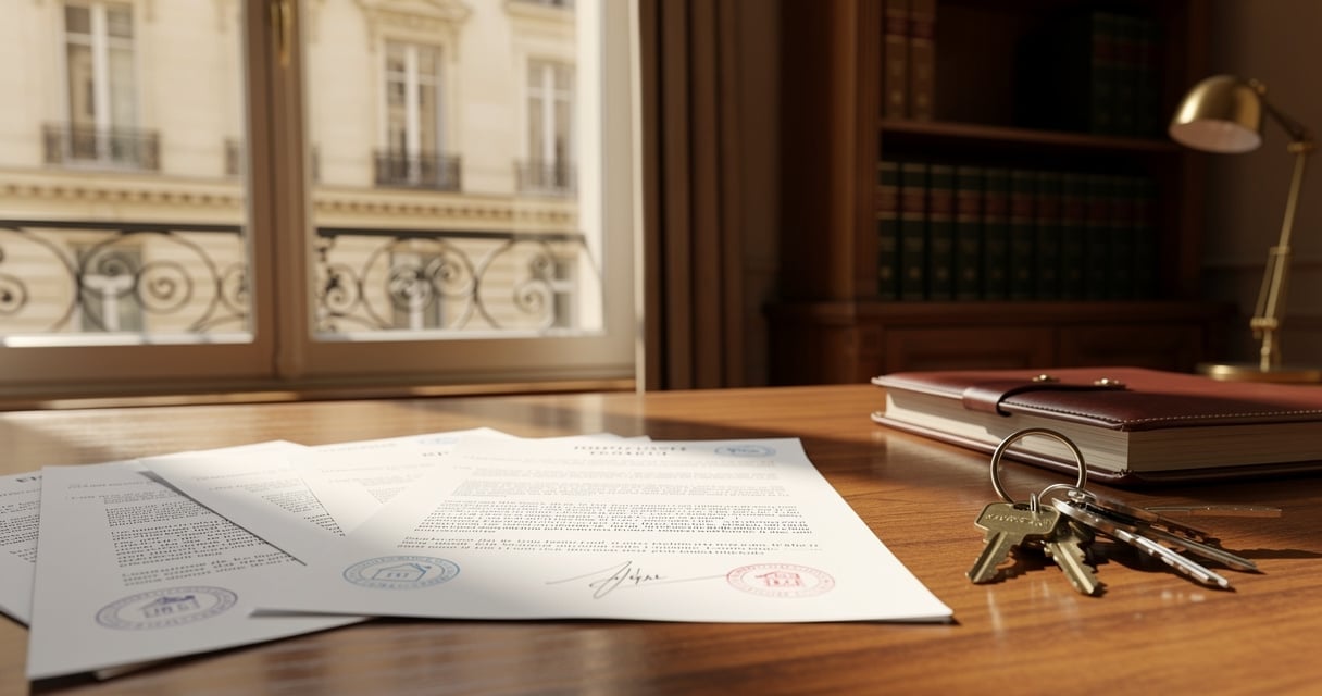 Documents et cles posees sur un bureau de notaire pour la creation d'une SCI familiale