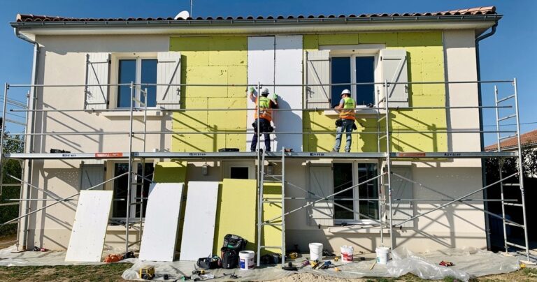 Ouvriers posant une isolation thermique par l extérieur sur une maison